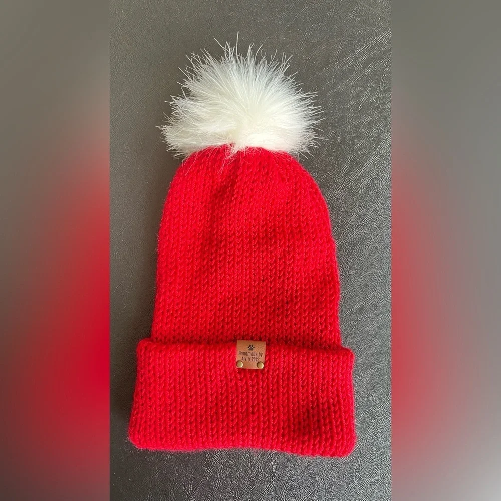 Handmade Knit Beanie with White Pom